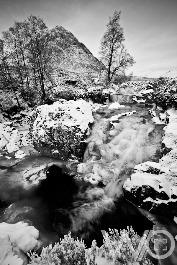 Buachaille Etive Mor Frozen Waterfall Black and White